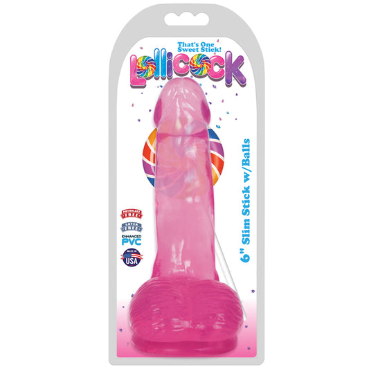 Curve Toys Lollicock Slim Stick 6 in. Dildo with Balls & Suction Cup Cherry Ice