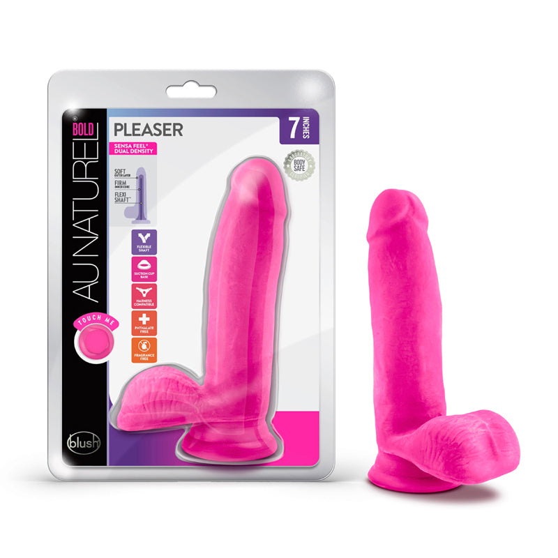 Blush Au Naturel Bold Pleaser 7 in. Posable Dual Density Dildo with Balls & Suction Cup Pink