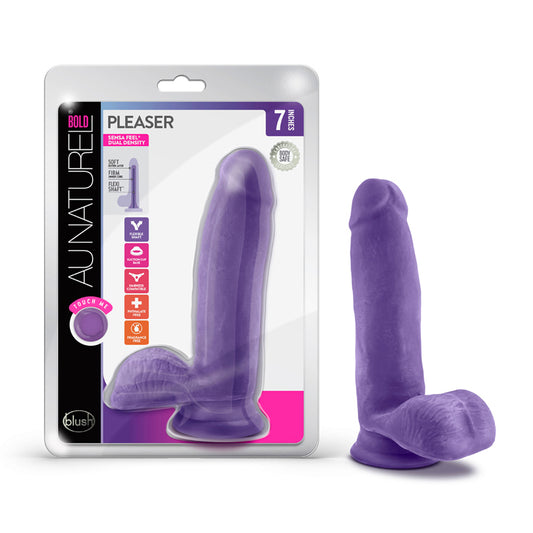 Blush Au Naturel Bold Pleaser 7 in. Posable Dual Density Dildo with Balls & Suction Cup Purple