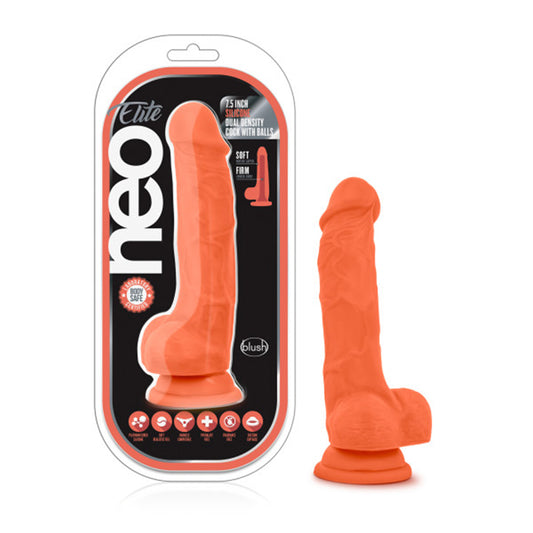 Blush Neo Elite 7.5 in. Silicone Dual Density Dildo with Balls & Suction Cup Neon Orange