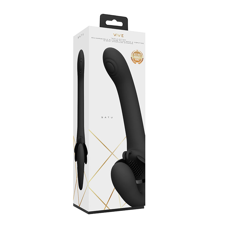 VIVE SATU Rechargeable Triple Motor Pulse-Wave Vibrating Silicone Strapless Strap-On Black