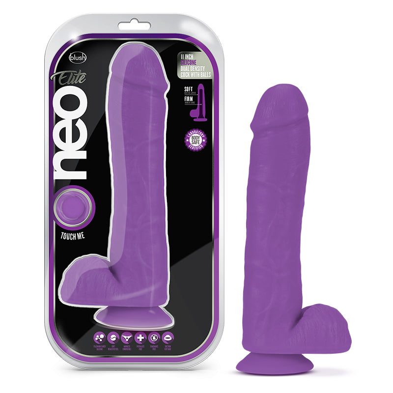 Blush Neo Elite 11 in. Silicone Dual Density Dildo with Balls & Suction Cup Neon Purple