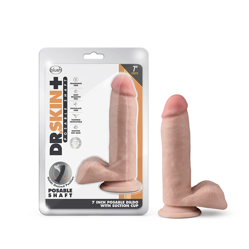 Blush Dr. Skin Plus Realistic 7 in. Triple Density Posable Dildo with Balls & Suction Cup Beige