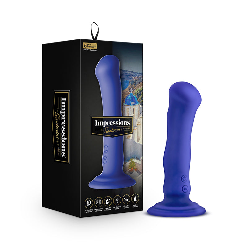 Blush Impressions Santorini Rechargeable Silicone 6.5 in. Vibrating Dildo with Suction Cup Blue