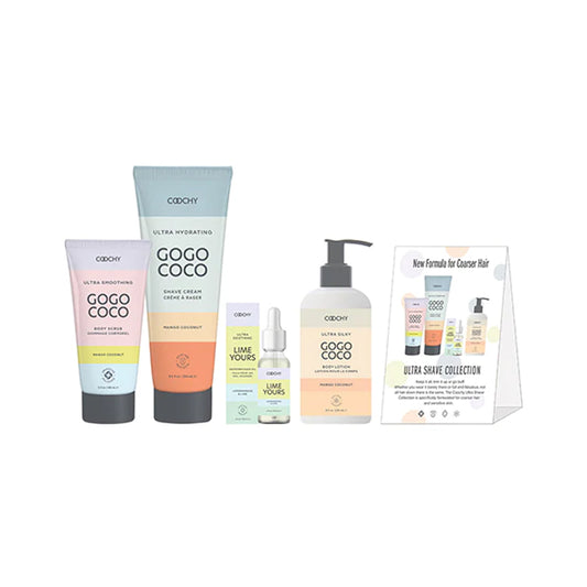 Coochy Ultra Intro Bundle 19 Pcs Includes: 4 X Shave Cream, 4 X Body Scrub, 4 Ingrown Hair Oil, 4 X Body Lotion, 1 X Shelf Talker, 1 X Sell Sheet, 1 X Catalog