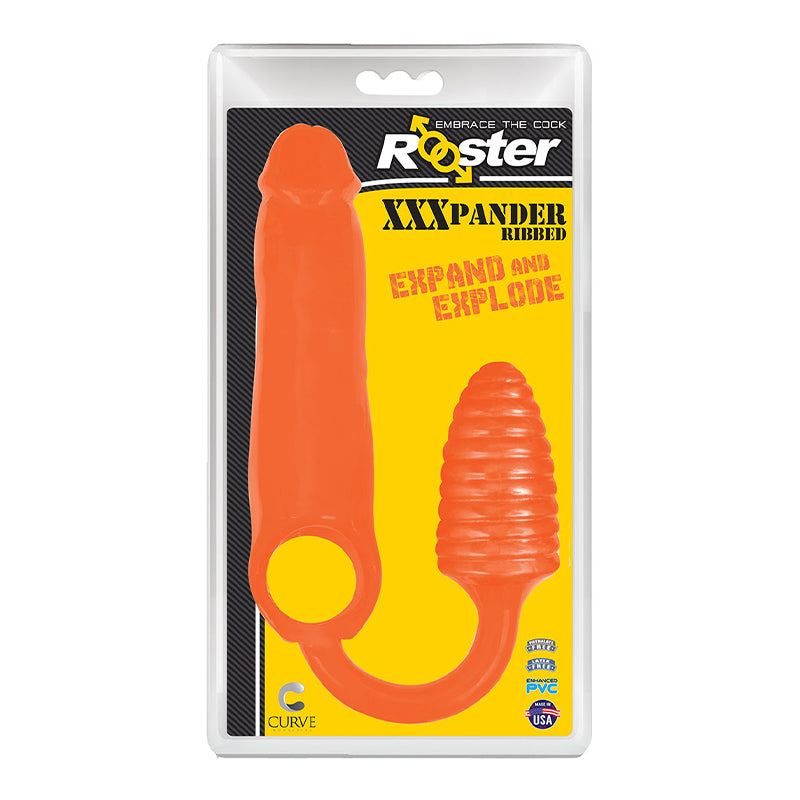 Curve Toys Rooster XXXPANDER Ribbed Penis Extender Sheath with Cockring & Anal Plug Orange