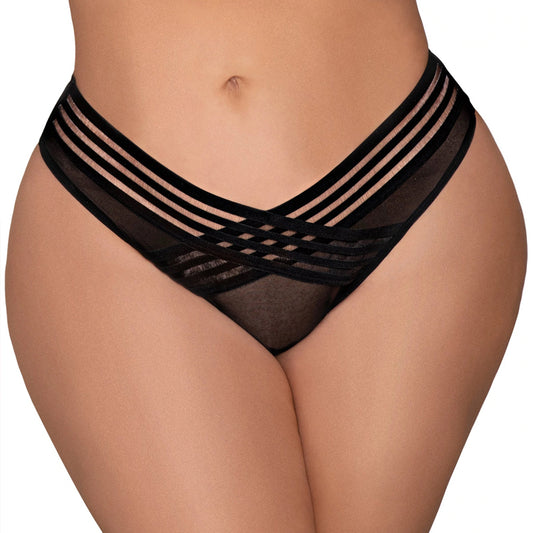 Dreamgirl Mesh Thong with Shadow Stripe Elastic Front Detail Black 2X Hanging