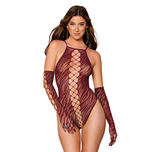 Dreamgirl Animal Print Fishnet High-Neck Teddy & Gloves Set Burgundy O/S