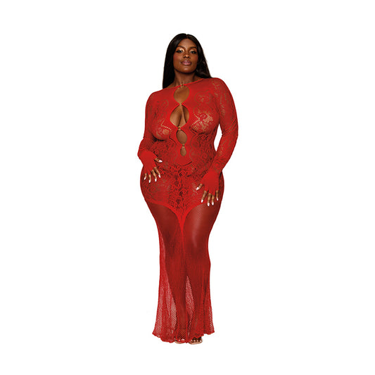 Dreamgirl Floral Lace Pattern Bodystocking Gown Ruby Queen Size