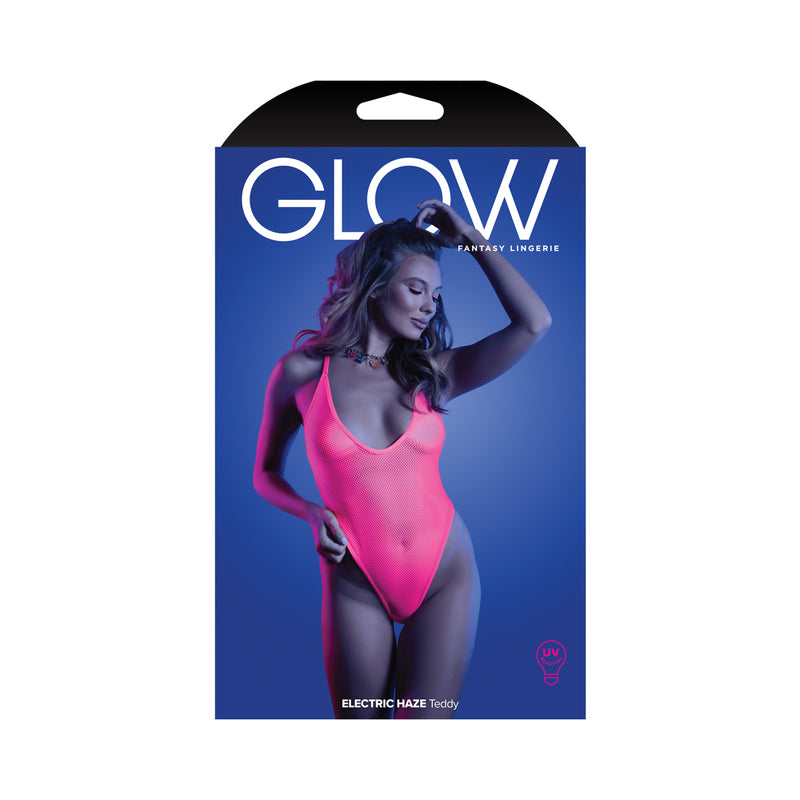 Fantasy Lingerie Glow Electric Haze Criss Cross Back Teddy with Snap Closure Neon Pink M/L