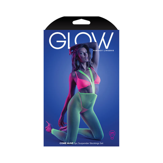 Fantasy Lingerie Glow Come Alive 3-Piece Bralette, G-String & Suspender Stockings Set Neon Green O/S