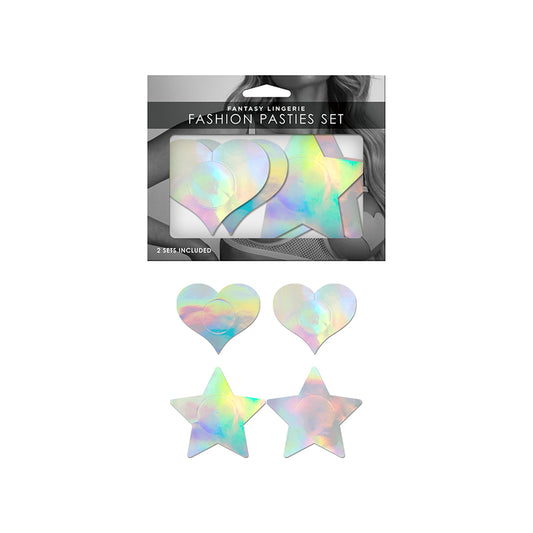 Fantasy Lingerie Holographic 2-Pair Pasties Set Heart & Star Shapes O/S